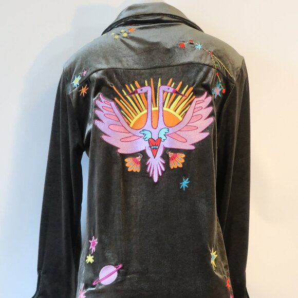 NWT Womens Romi Basha Cosmic Green Multicolor Boho Chic Velvet Shirt Top M - Picture 4 of 11